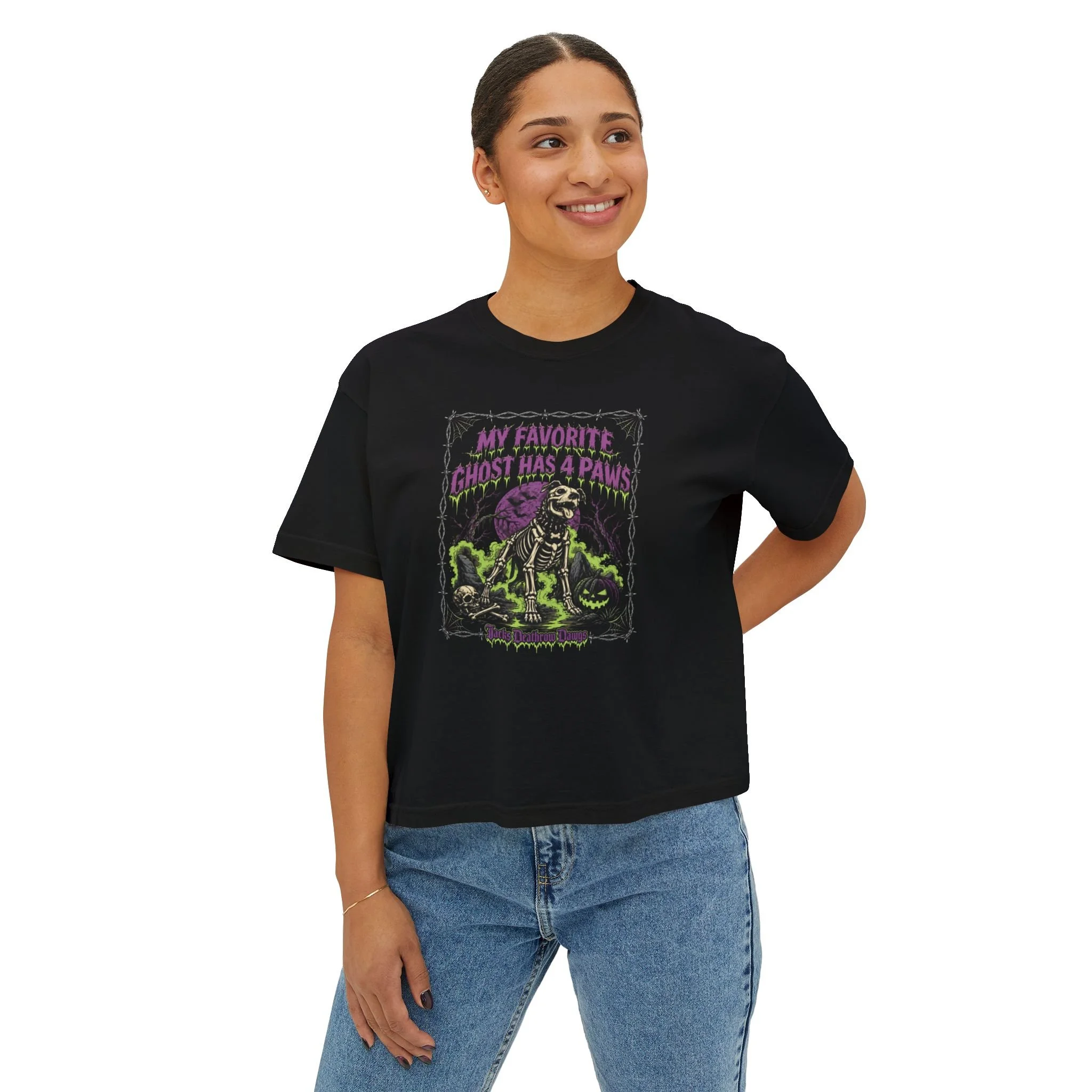 "My Favorite Ghost Has 4 Paws" Halloween Skeleton Dog Women's Boxy Tee