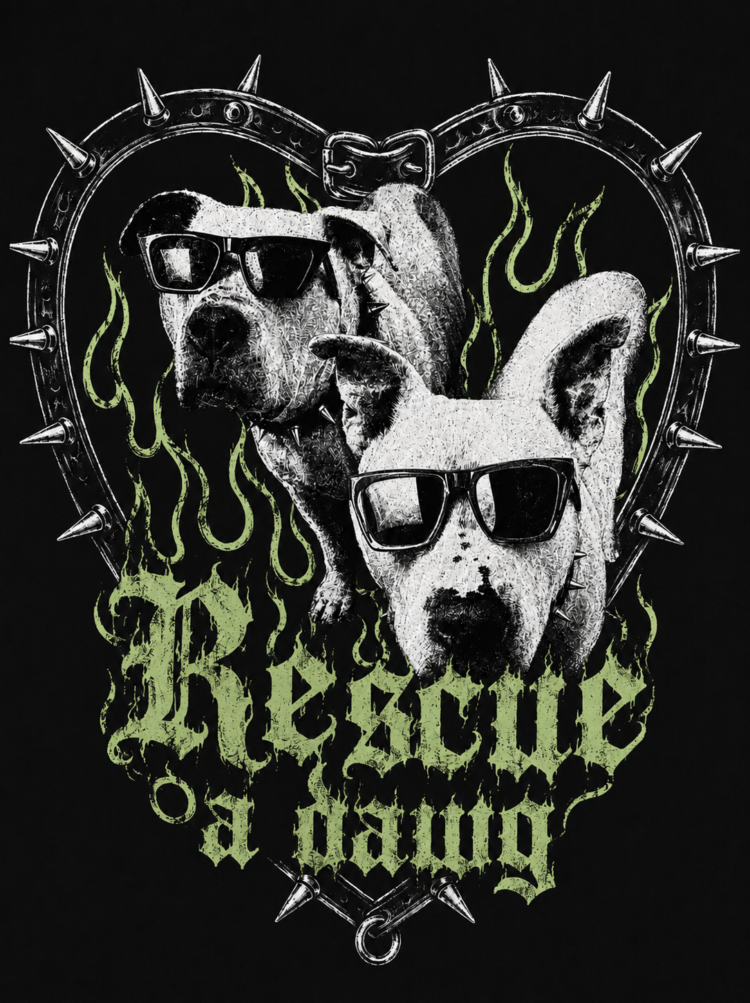 Two dogs wearing black sunglasses, one with a spiked collar, inside a spiked heart-shaped frame with green flames and the phrase 'Rezzile a damn' in green gothic font.