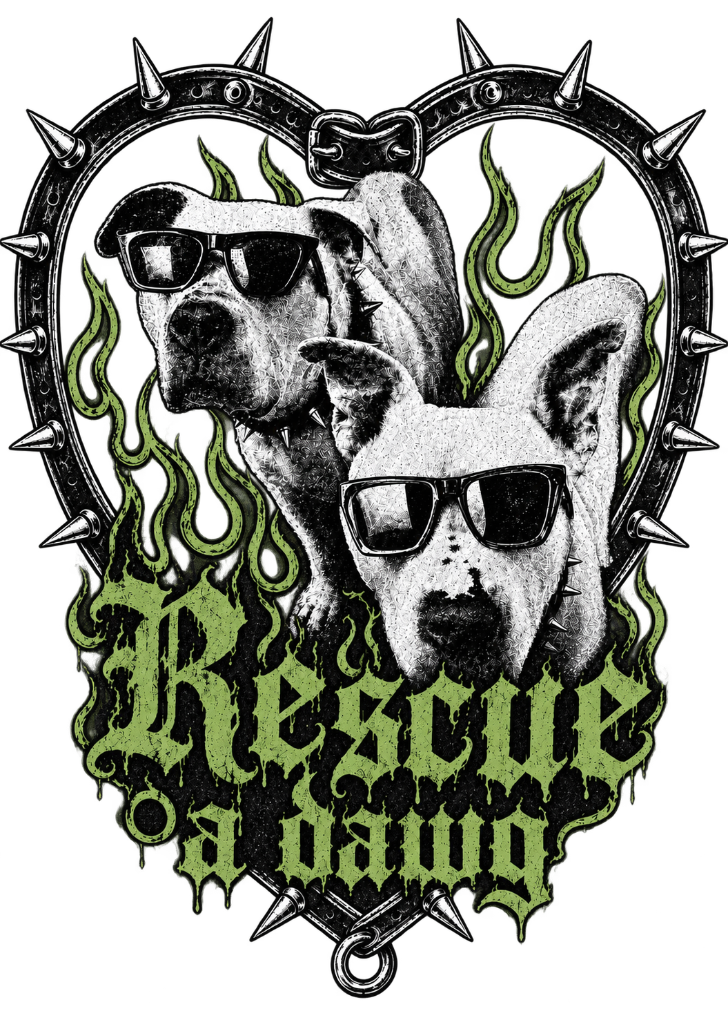Two dogs wearing sunglasses, one with a spiked collar, surrounded by flames and a heart-shaped spiked collar with a buckle, and the words 'Reckless Dog Squad' in green, graffiti-style font.