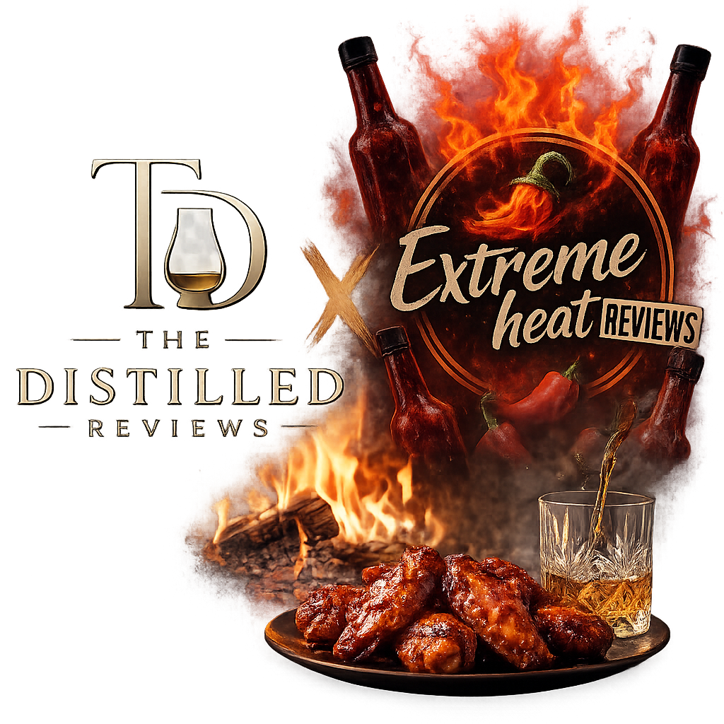 Cover art for a review show with a flaming background, two beer bottles, a glass of whiskey, hot wings, red peppers, and the text 'Extreme heat reviews' and 'The Distilled Reviews'.
