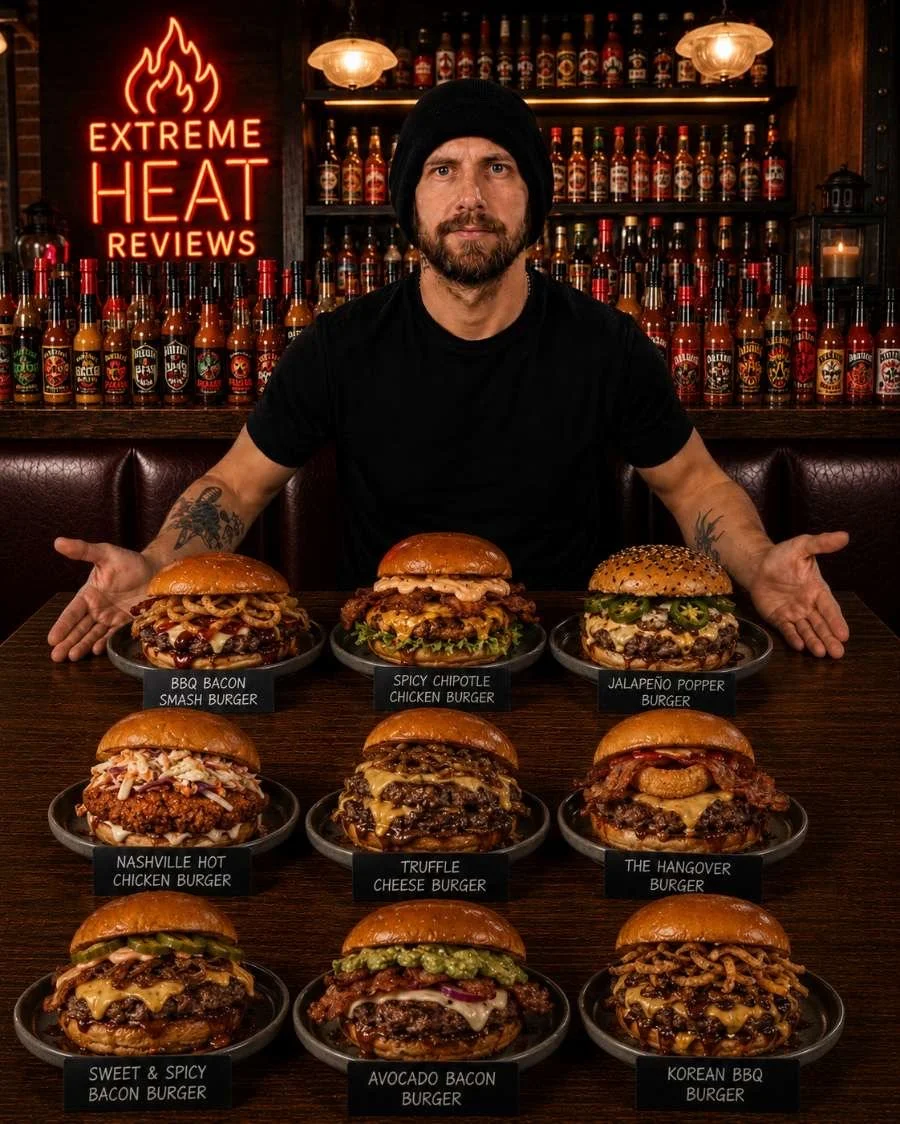 A man with a beard and black beanie sitting in a restaurant with a wall of hot sauce bottles behind him, surrounded by nine different burgers on a table, each labeled with its name.