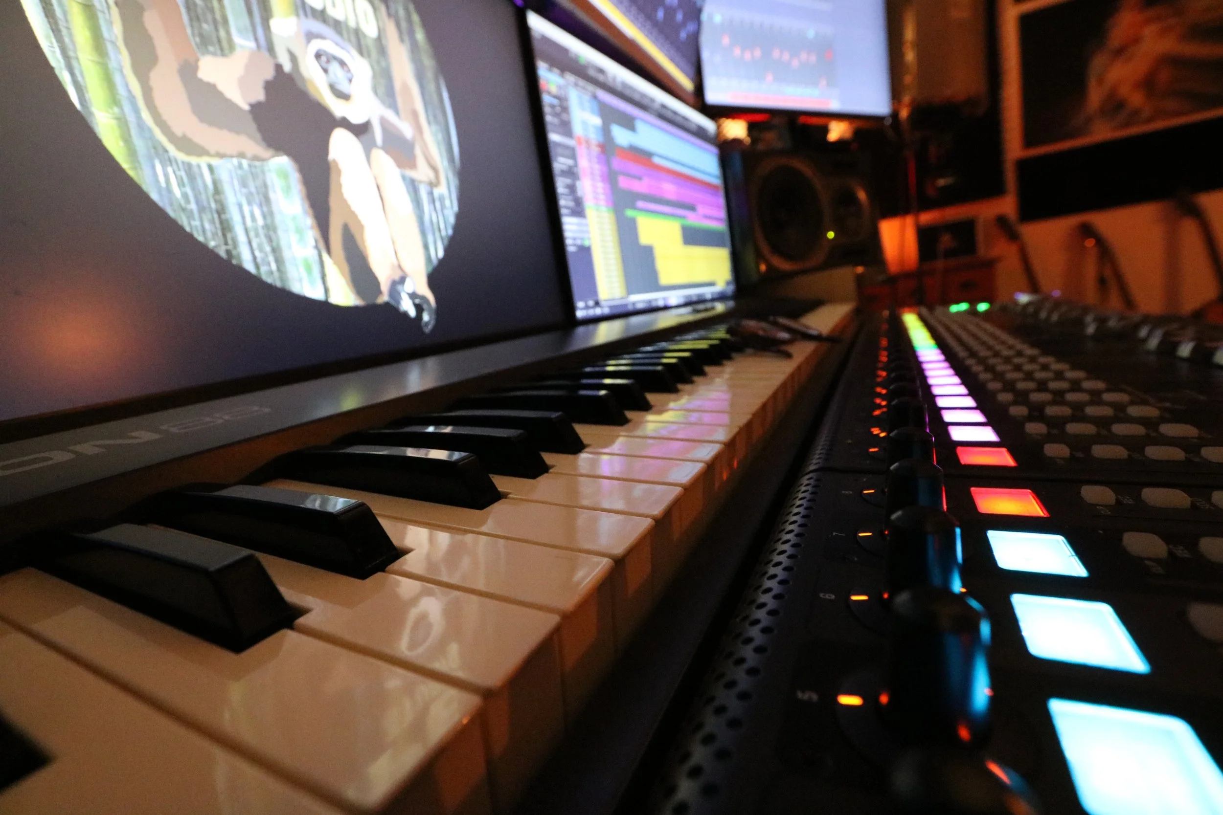 Mixing desk and monitors at Ape Studio UK.