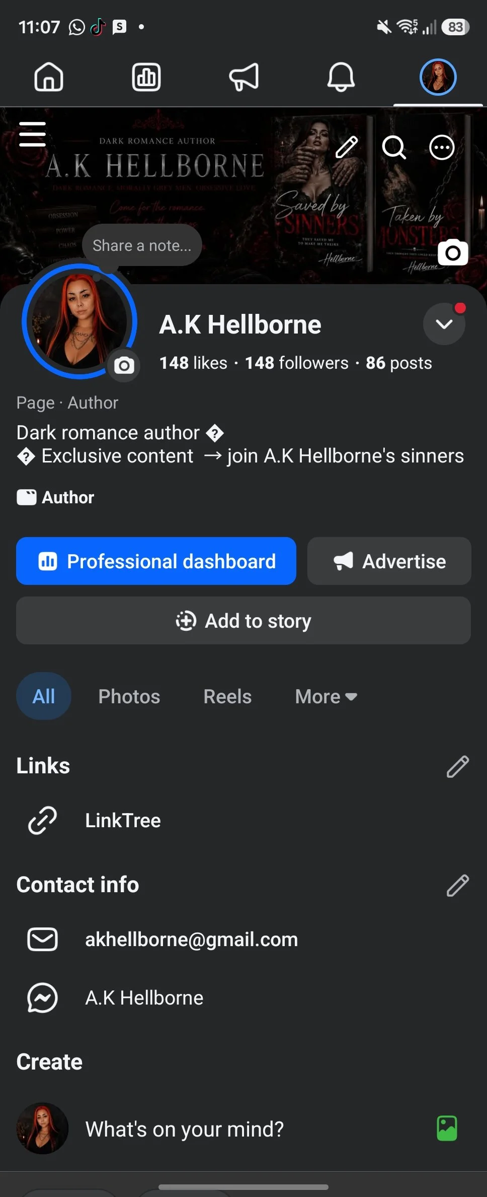 Facebook profile page of author A.K. Hellborne, featuring book covers of her dark romance novels, profile picture of a woman with red hair, and contact information including email and messaging links.
