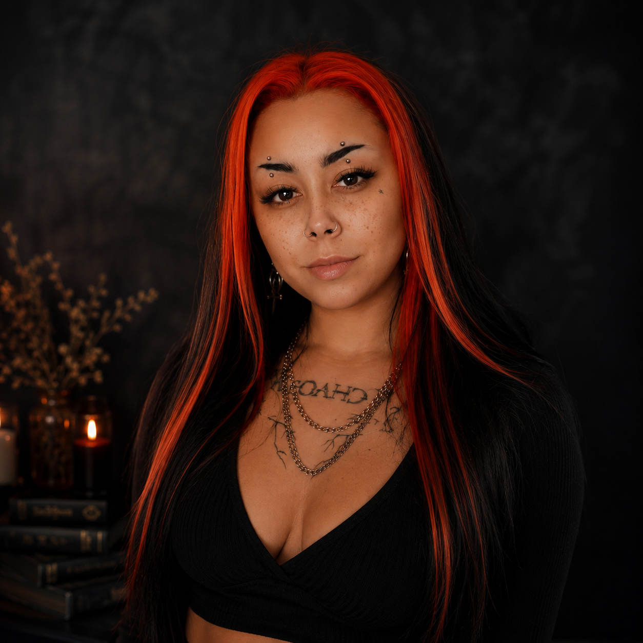 A young woman with bright red and black hair, wearing a black top, multiple necklaces, and facial piercings, stands against a dark background with candles and books on a shelf behind her.