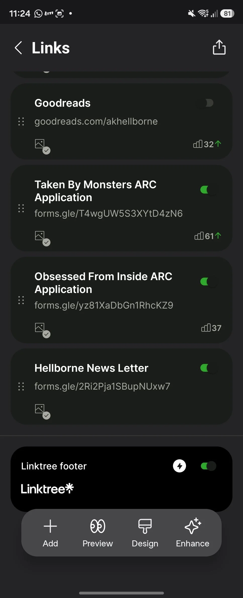 Screenshot of a mobile app showing a list of links including Goodreads page, and several forms for a Monster ARC application, obsession with ARC, and Hellborne news letter subscription, with options to add, preview, design, and enhance.