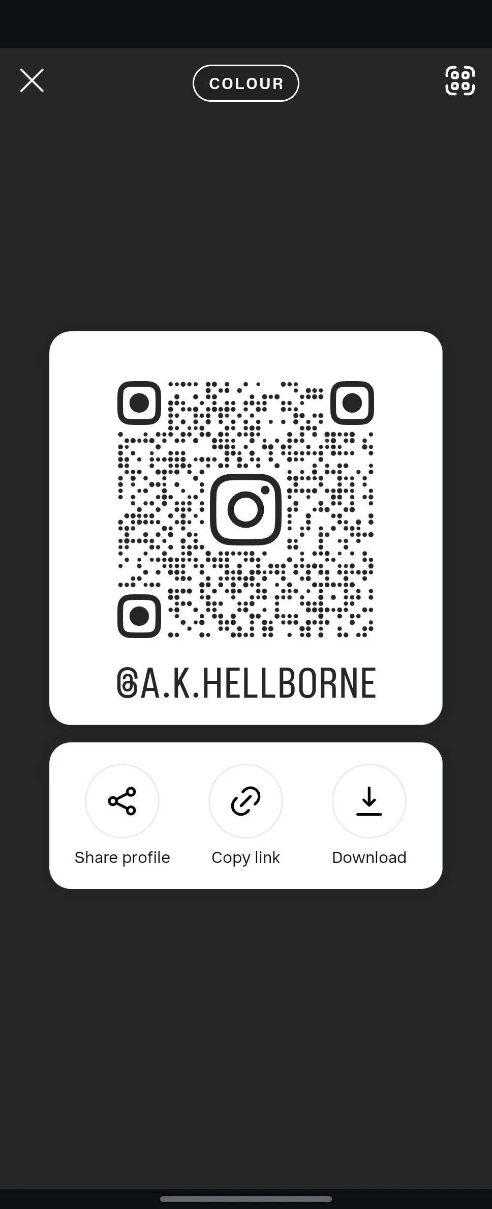 A screenshot of an Instagram QR code with the username @A.K. HELLBOURNE, options to share profile, copy link, or download.