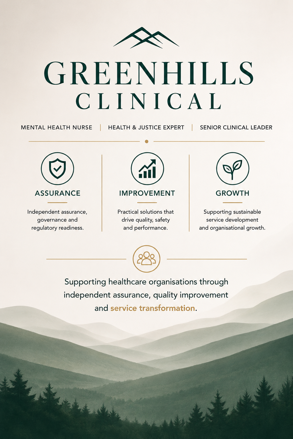 Greenhills Clinical logo with mountain and forest background, emphasizing assurance, improvement, and growth in healthcare services.