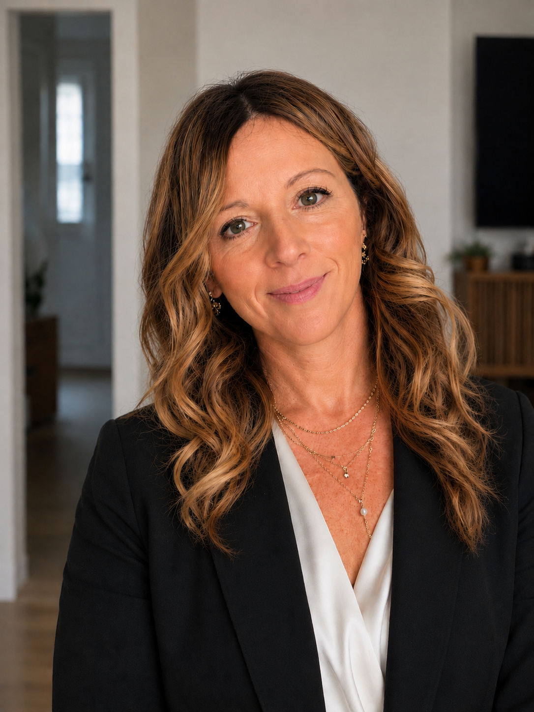 A woman with wavy, shoulder-length hair wearing a black blazer and white blouse, standing in a modern home interior with blurred background.