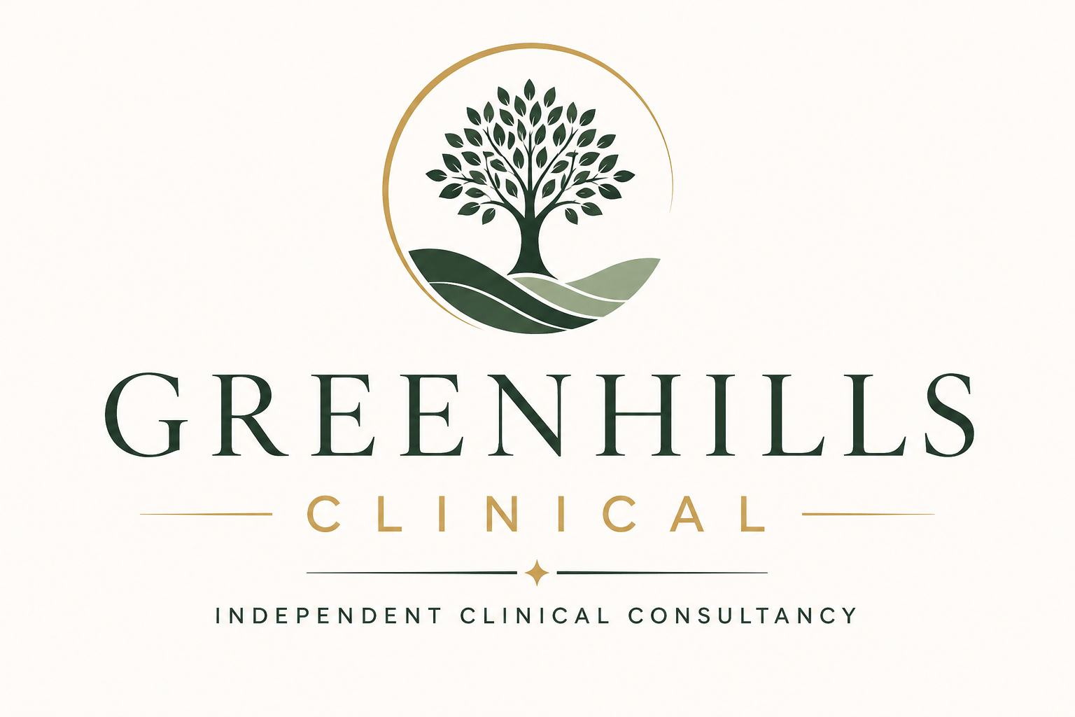 Logo for Greenhills Clinical featuring a stylized tree within a circular outline, with the text 'Greenhills Clinical, Independent Clinical Consultancy' below.