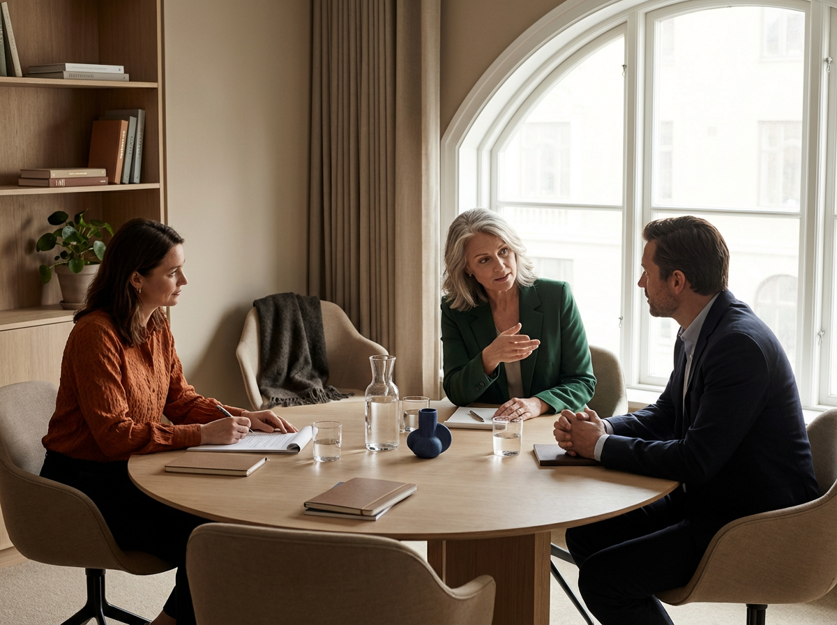 Three people sitting at a round table in a bright office, engaged in a discussion. The woman in the middle is gesturing with her hand, the man on the right is listening attentively, and the woman on the left is taking notes. There are notebooks, glasses of water, a pitcher, and vases on the table. Large window with curtains in the background.