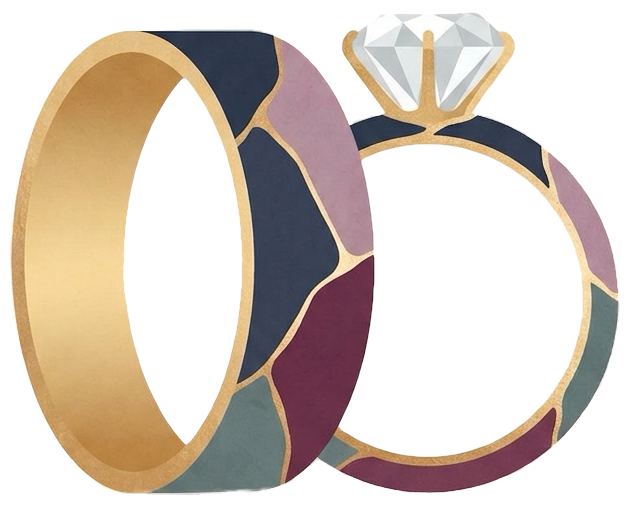 A gold ring with a large diamond on top and a kintsugi design on the band that matches the logo.