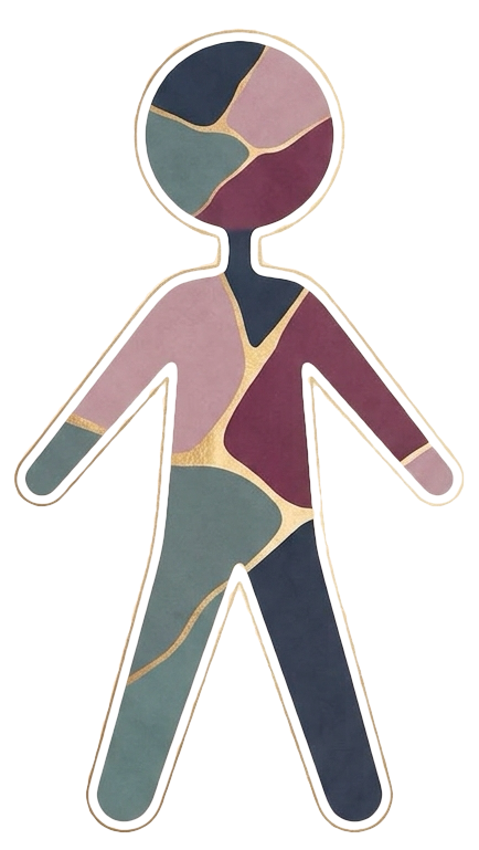 A stylized human figure with a kintsugi pattern composed of various colored sections and gold outlines.