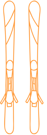 Line drawing of a pair of skis with bindings.