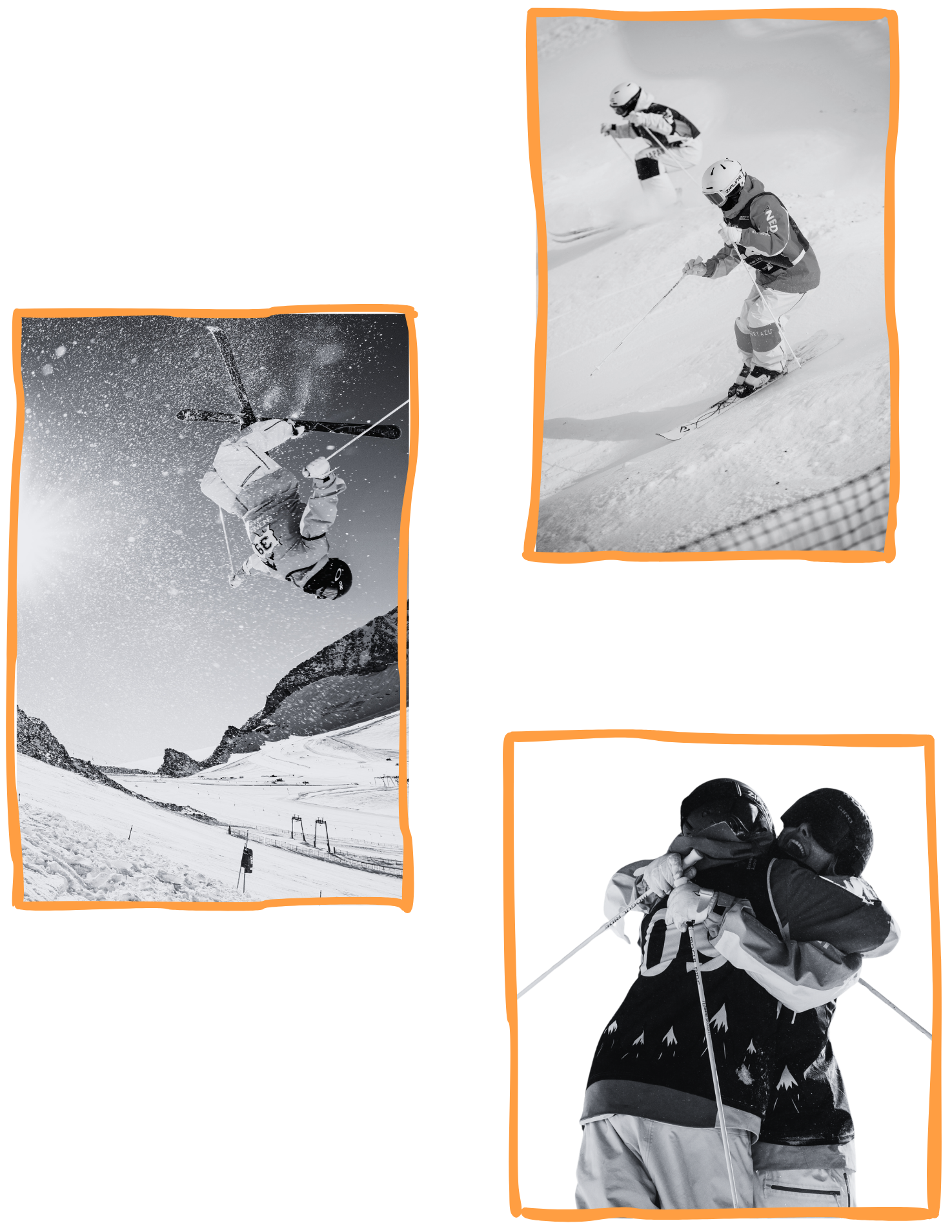 A collage of winter sports scenes in black and white, including skiers on snowy mountains, a person performing a mid-air flip, and two children wearing winter gear and helmets.
