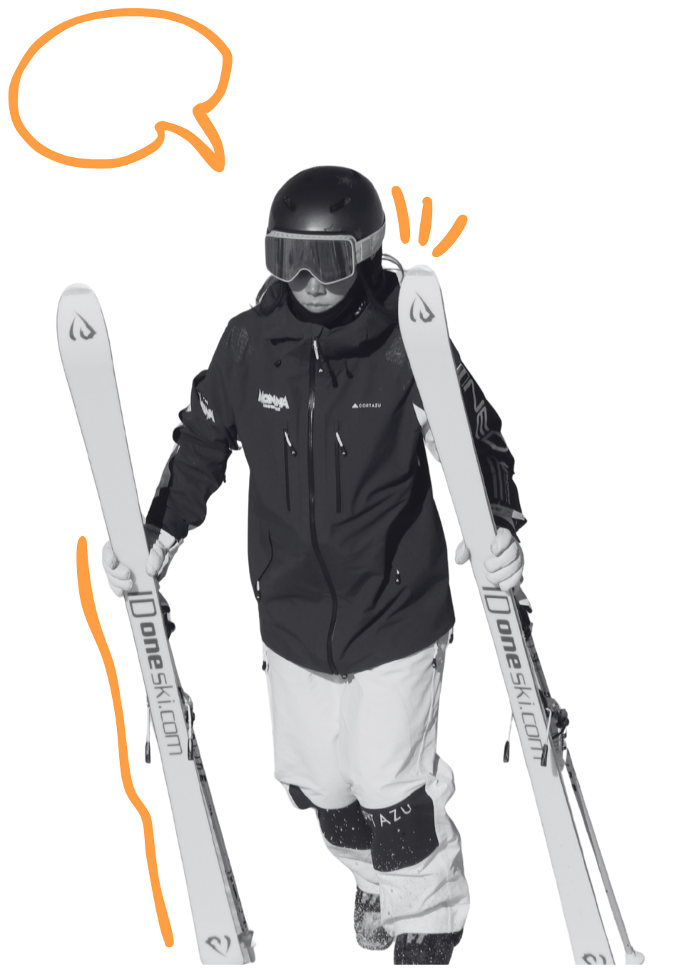 A person dressed in ski gear, holding skis and wearing a helmet and goggles, standing against an orange background.