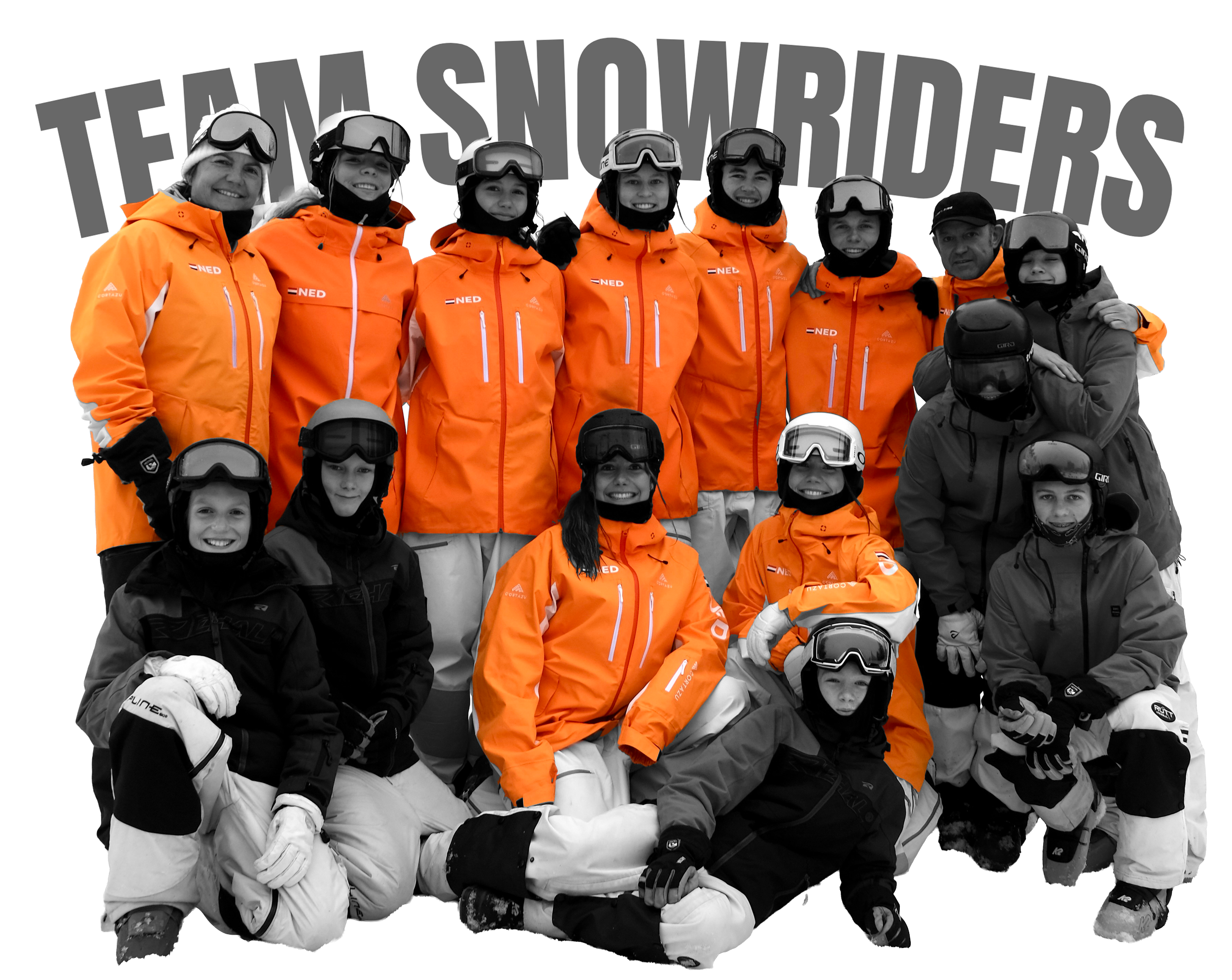 A group of people dressed in orange and black winter sports gear, including helmets and goggles, posing together outdoors.