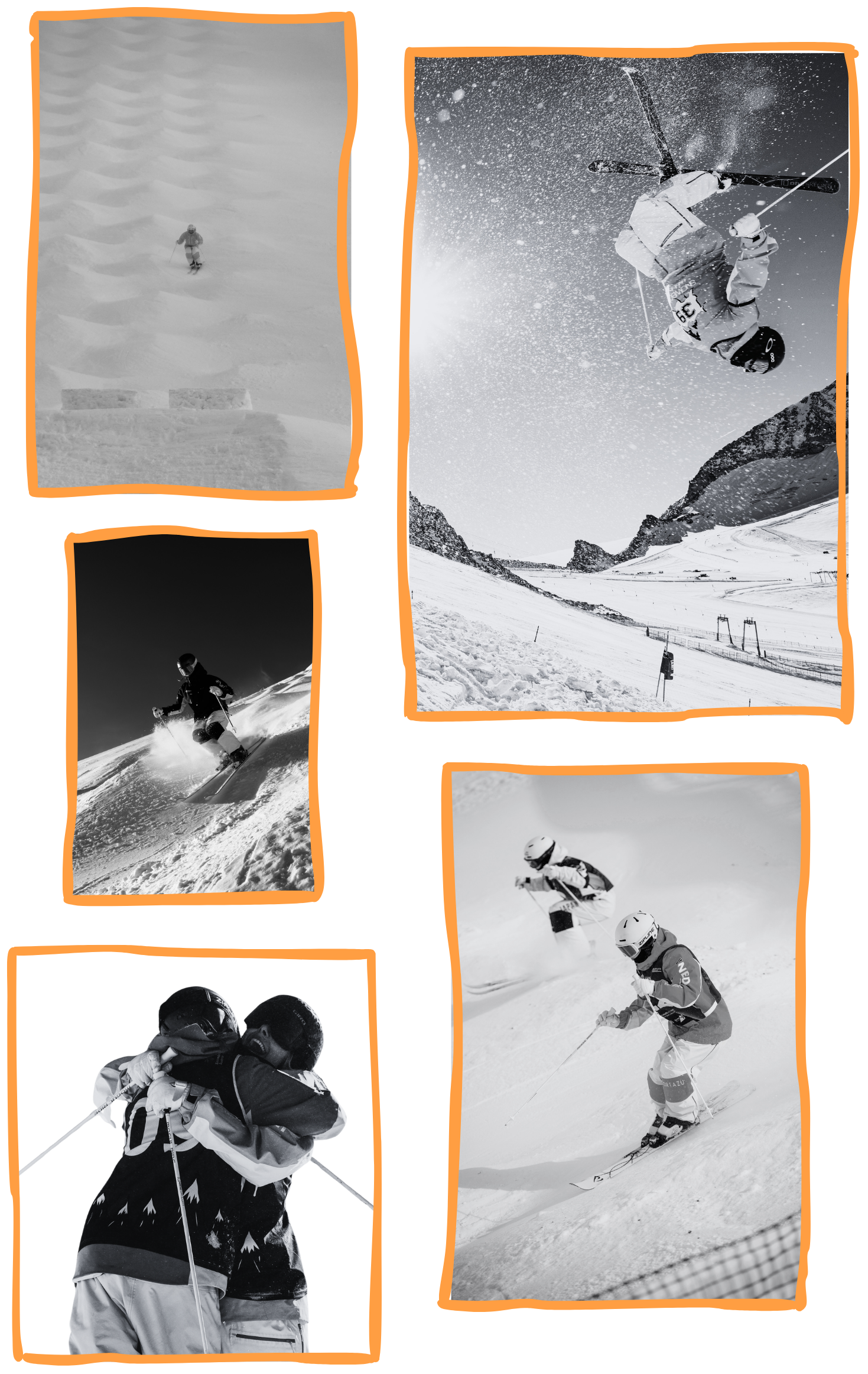A collage of five black and white images of winter sports: a skier on a snow-covered slope, a skier performing a trick in mid-air, a skier racing down a mountain, two skiers embracing, and two skiers in close race.