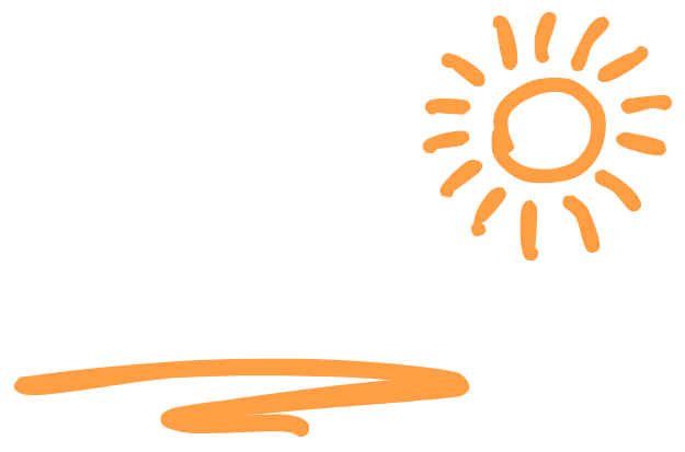 A simple black and orange drawing of a sun shining above a curved line representing the ground or horizon.
