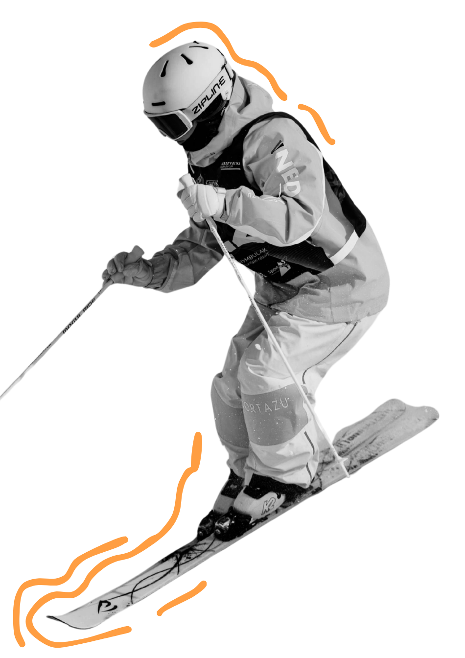 A skier in a ski suit, helmet, and goggles is gliding downhill on skis, holding ski poles. The image is in black and white with a stylized orange background.