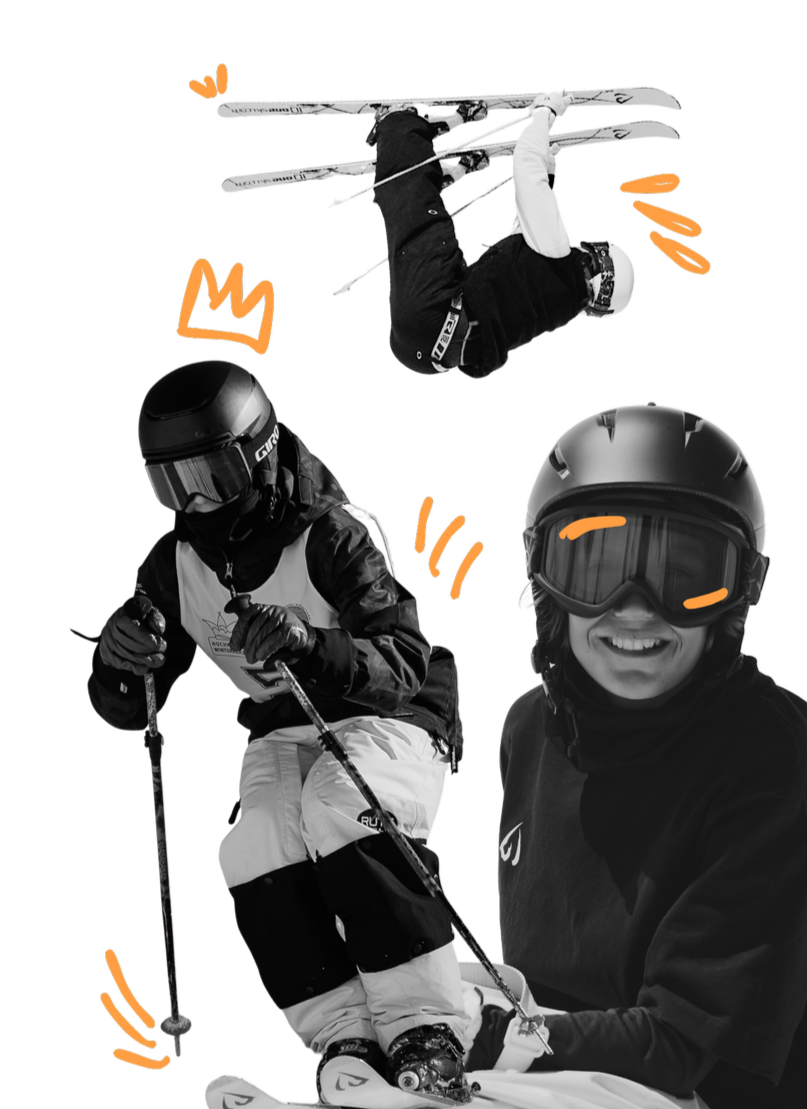 A collage of three black and white photos of skiers with orange doodles added. One skier is performing an inverted trick on skis, another is in a crouched skiing position, and the third is smiling and looking at the camera while wearing a helmet and goggles.