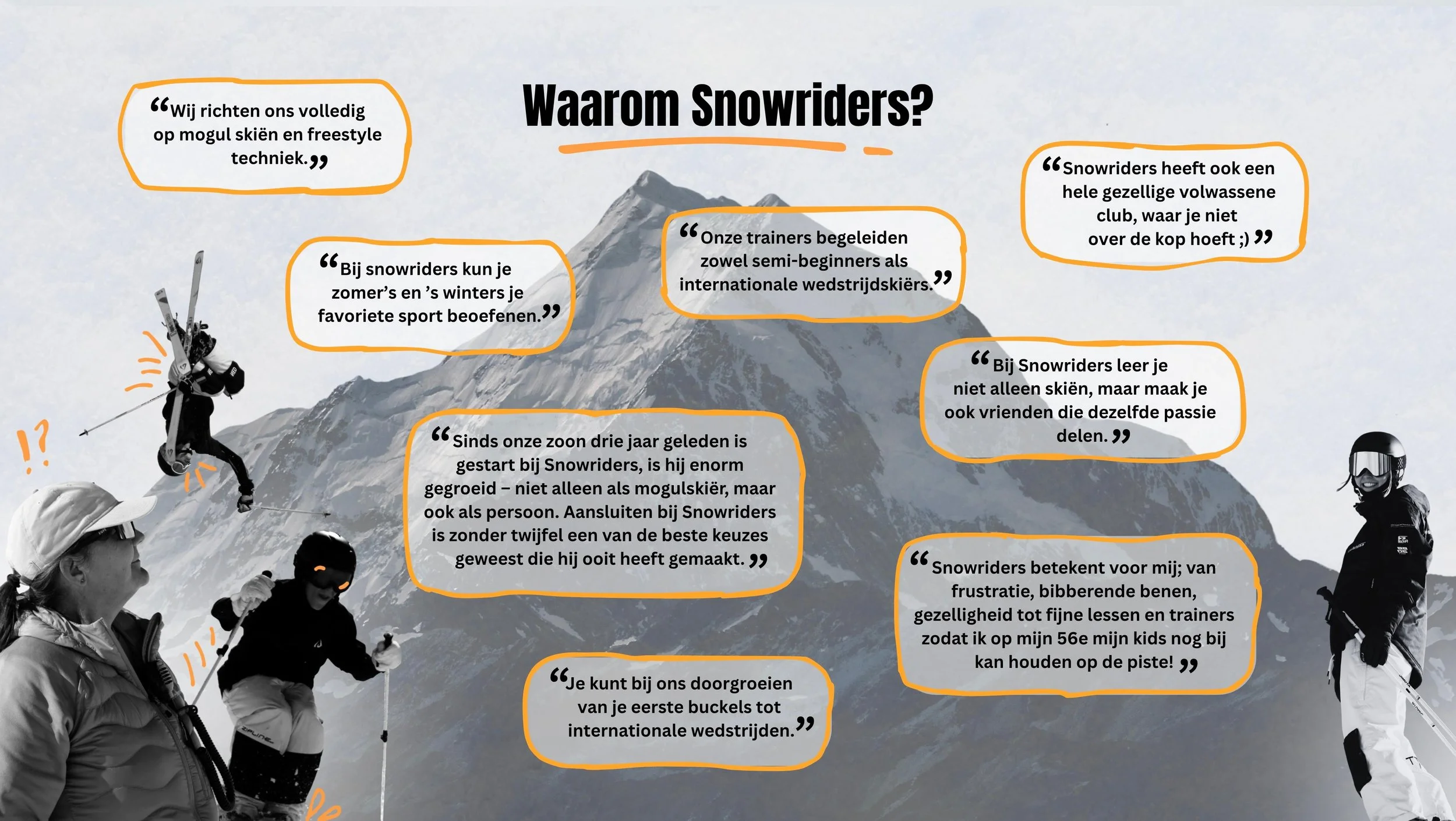A mountain with snow and several people in skiing gear, some consulting and others making ski jumps, with speech bubbles containing text overlayed on the image.