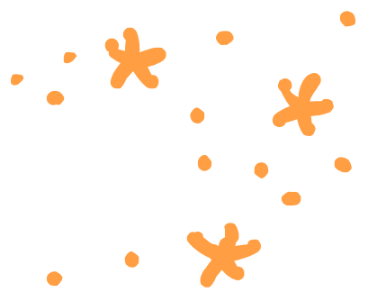Orange abstract shapes and splatters on a black background.