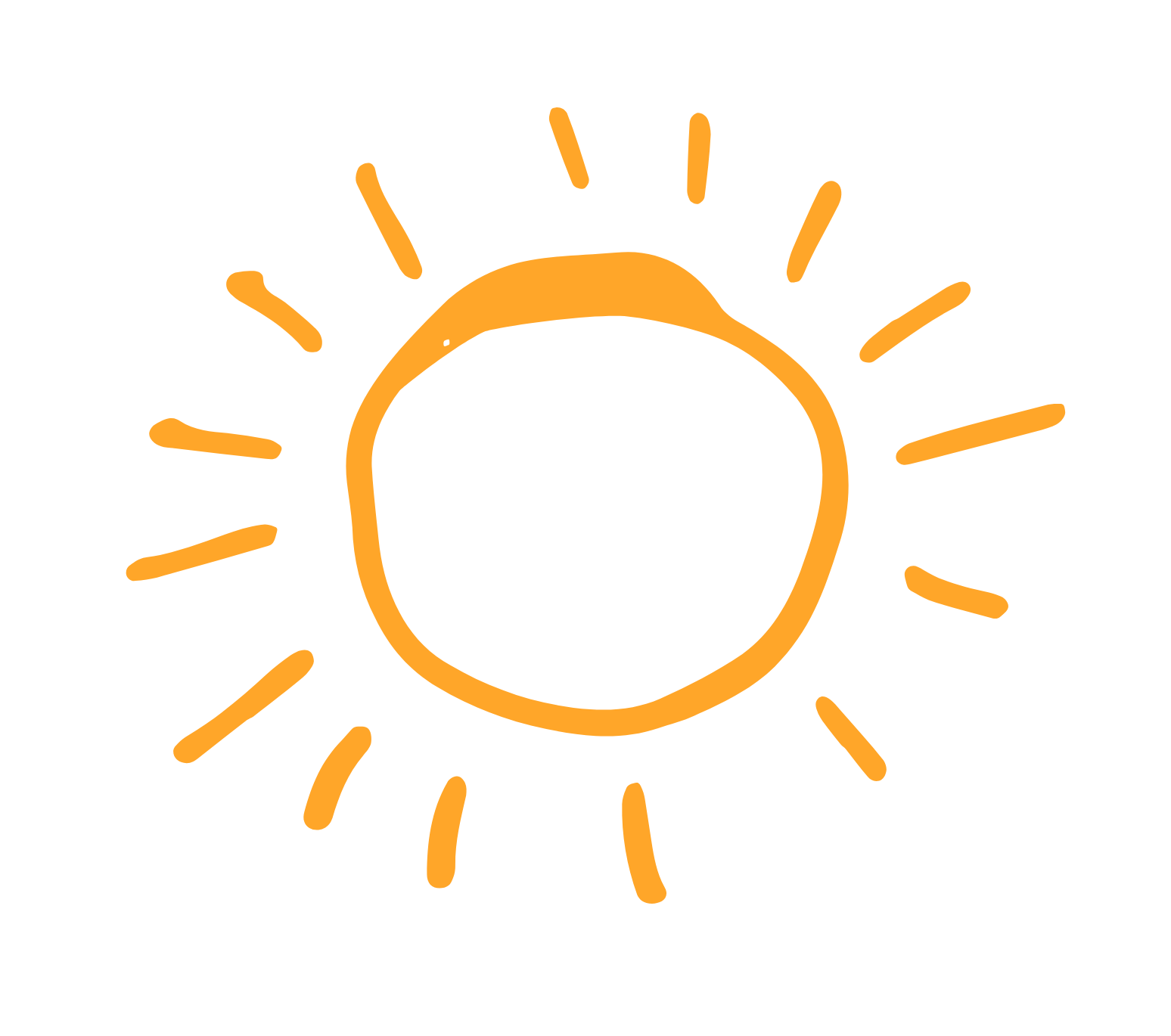 Simple illustration of the sun with a circular center and radiating lines, drawn in orange on a black background.