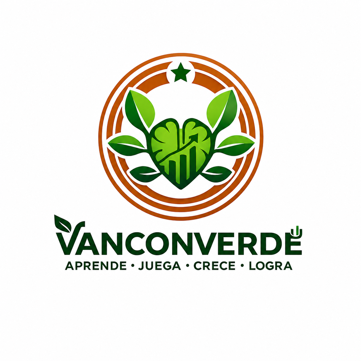 Logotipo con un escudo verde que tiene una hoja y un árbol, rodeado por un círculo marrón con una estrella en la parte superior. Debajo, el texto 'VANCONVERDÉ' en letra negra con una hoja en la letra 'V', y más abajo las palabras 'APRENDE · JUEGA · CRECE · LOGRA'.