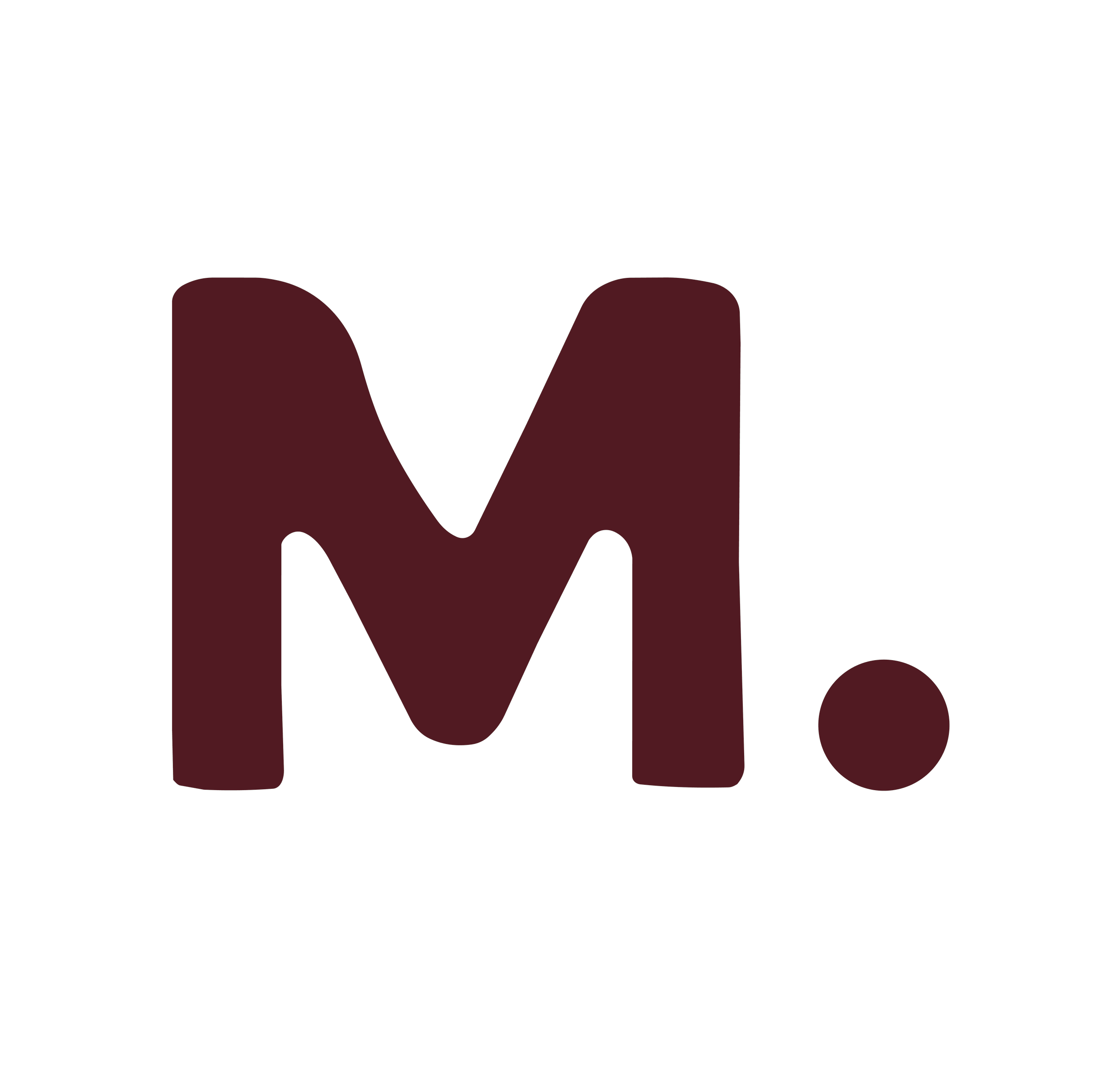 Lettre « M » majuscule bordeaux avec un point sur fond vert foncé.
