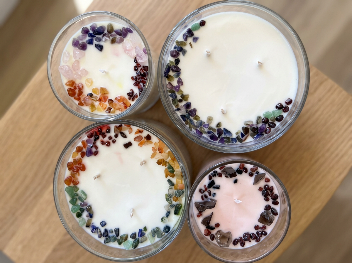 Four different scented candles in glass holders, decorated with multicolored gemstone-like embellishments around the edges, placed on a wooden surface.