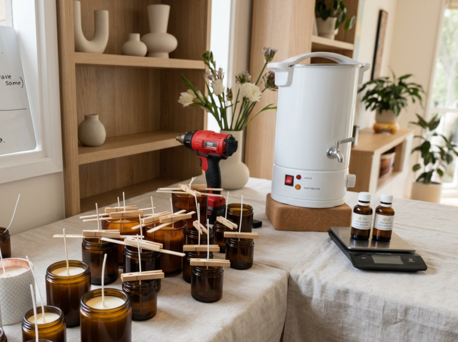 A workspace with amber glass jars, some with wooden sticks and cotton swabs, a small scale, a white distillation extractor, a red cordless drill, and small brown bottles on a table.