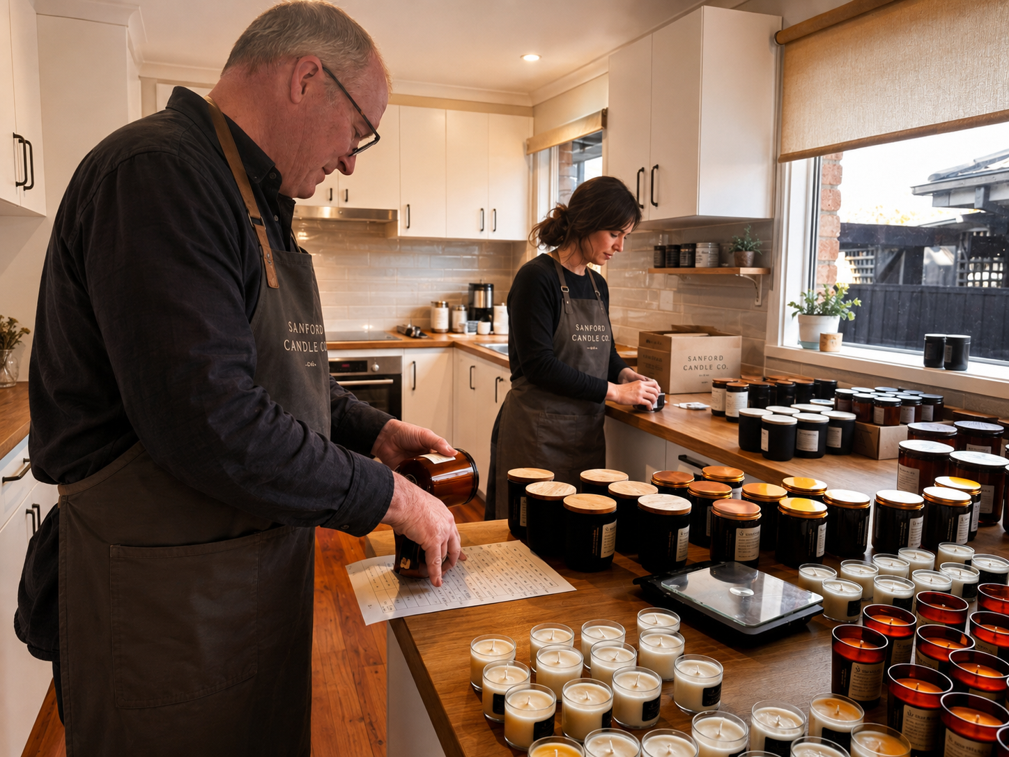 Two people working in a kitchen, packaging candles on a wooden counter surrounded by numerous candles and jars, wearing aprons with 'Sanford Candle Co.' embroidered on them.