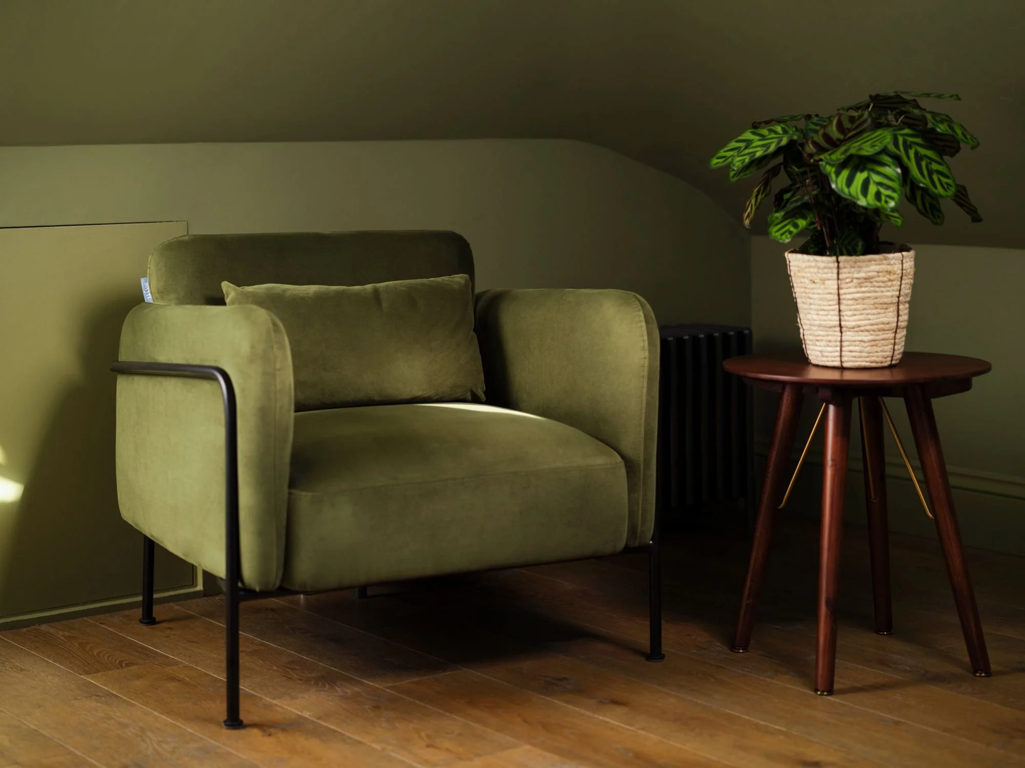 A green upholstered armchair with a matching pillow, a small round wooden side table with a potted plant with large green and purple leaves, and hardwood flooring.