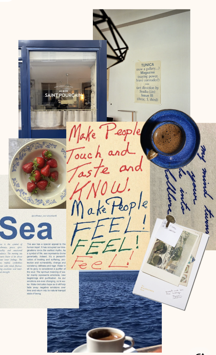 A collage of various objects including a window with a sign, a note with motivational quotes about making people feel, a polaroid picture hanging with a clip, a bowl of strawberries, a cup of coffee, and a scene of the ocean with a coffee cup sitting on an ocean-view surface.