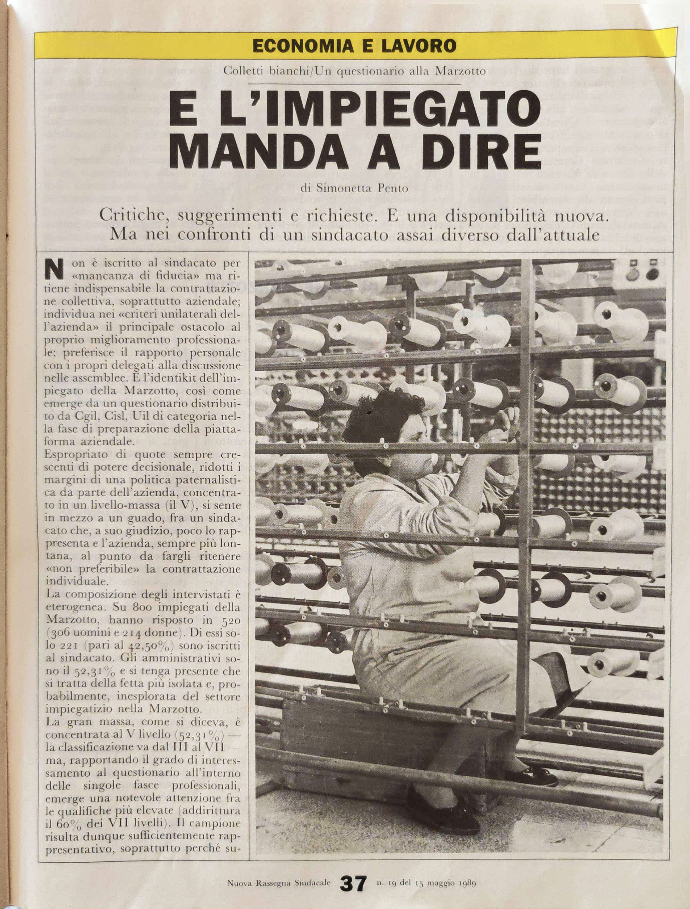 Nuova Rassegna Sindacale, 15 maggio 1989 — pagina con fotografia di Alessandro Veca