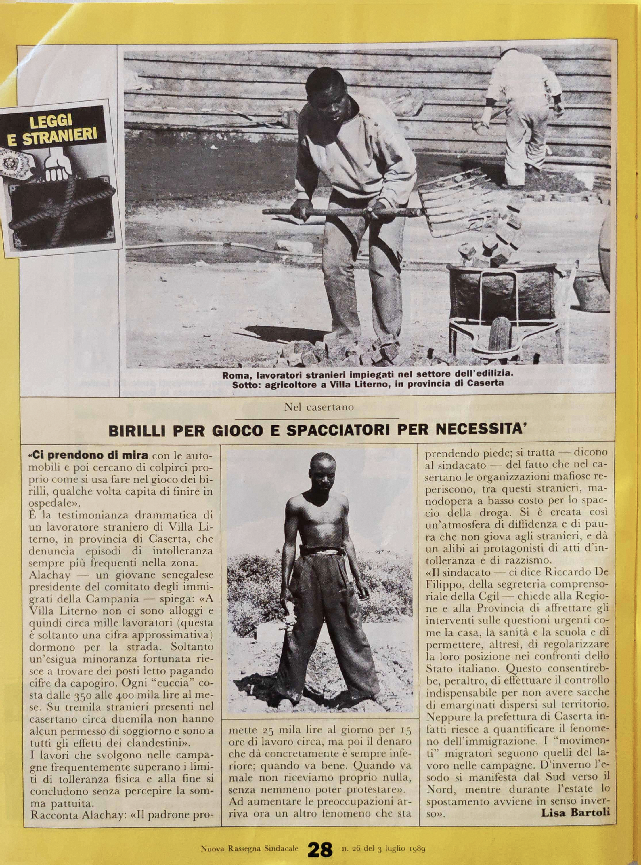 Nuova Rassegna Sindacale, 3 luglio 1989 — pagina con fotografia di Alessandro Veca