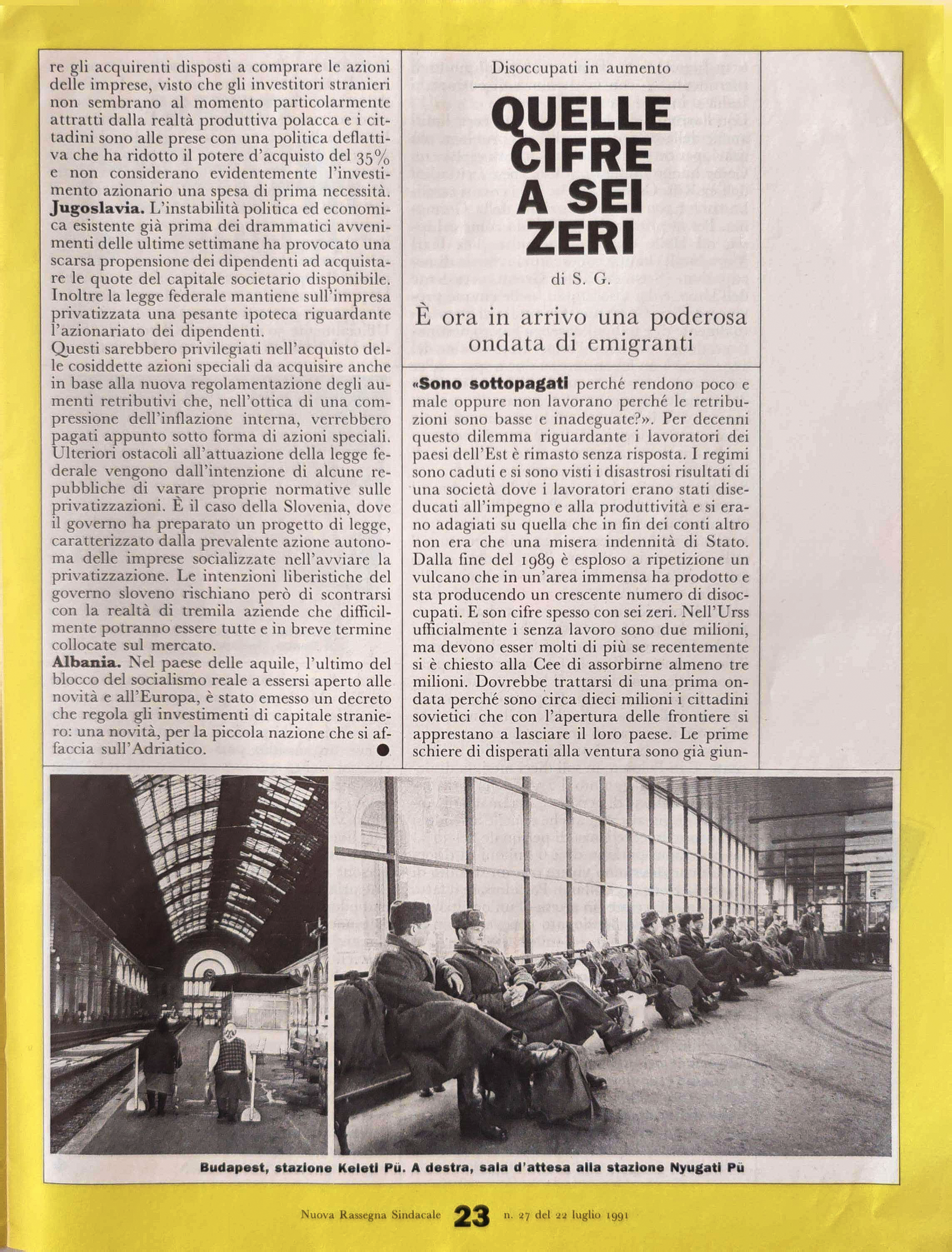Nuova Rassegna Sindacale, 22 luglio 1991 — pagina con fotografia di Alessandro Veca