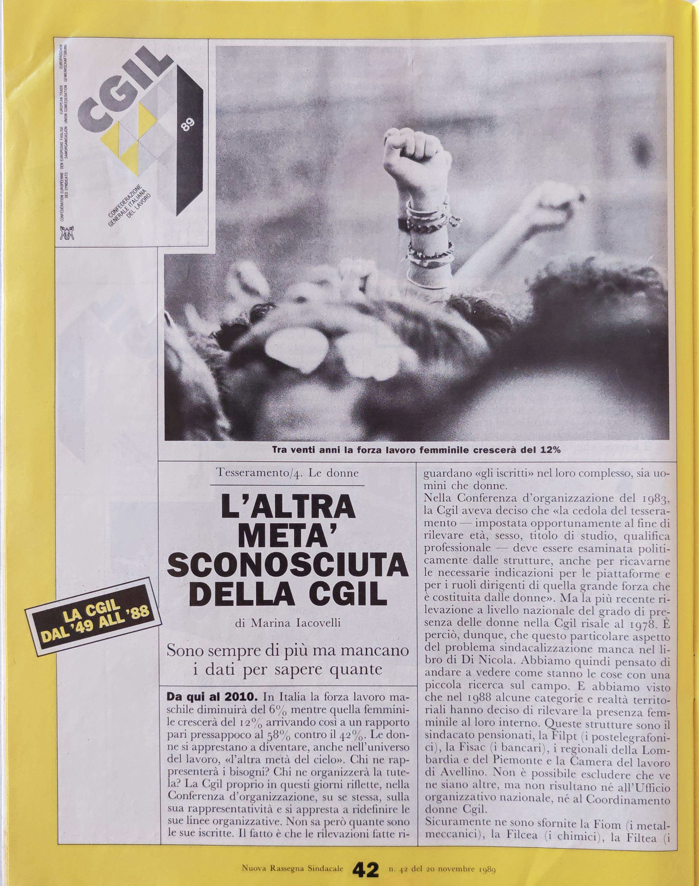 Nuova Rassegna Sindacale, 20 novembre 1989 — pagina con fotografia di Alessandro Veca