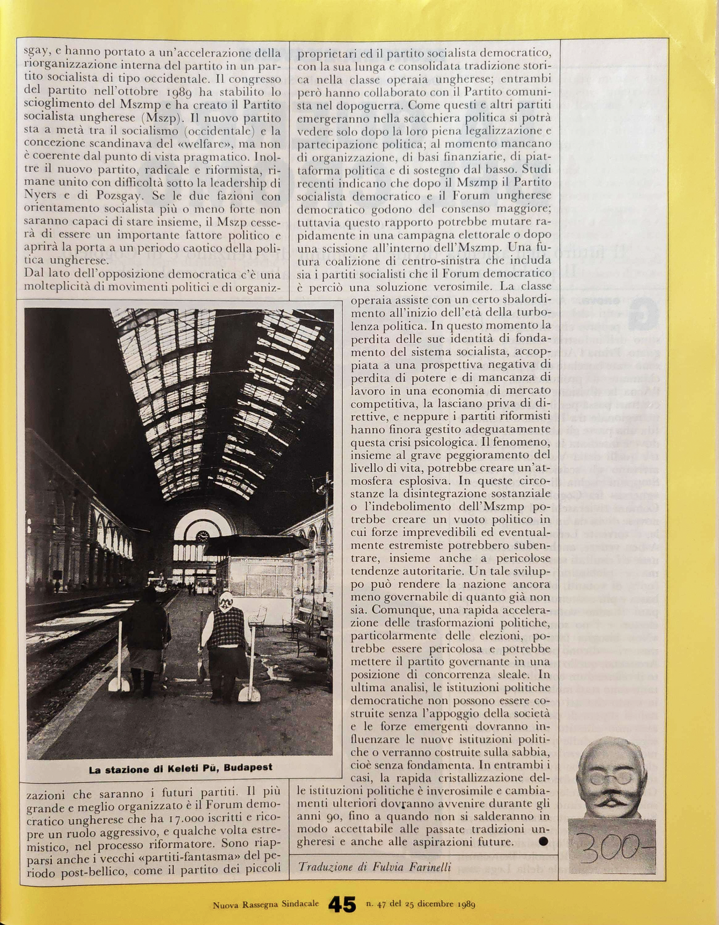 Nuova Rassegna Sindacale, 25 dicembre 1989 — pagina con fotografia di Alessandro Veca