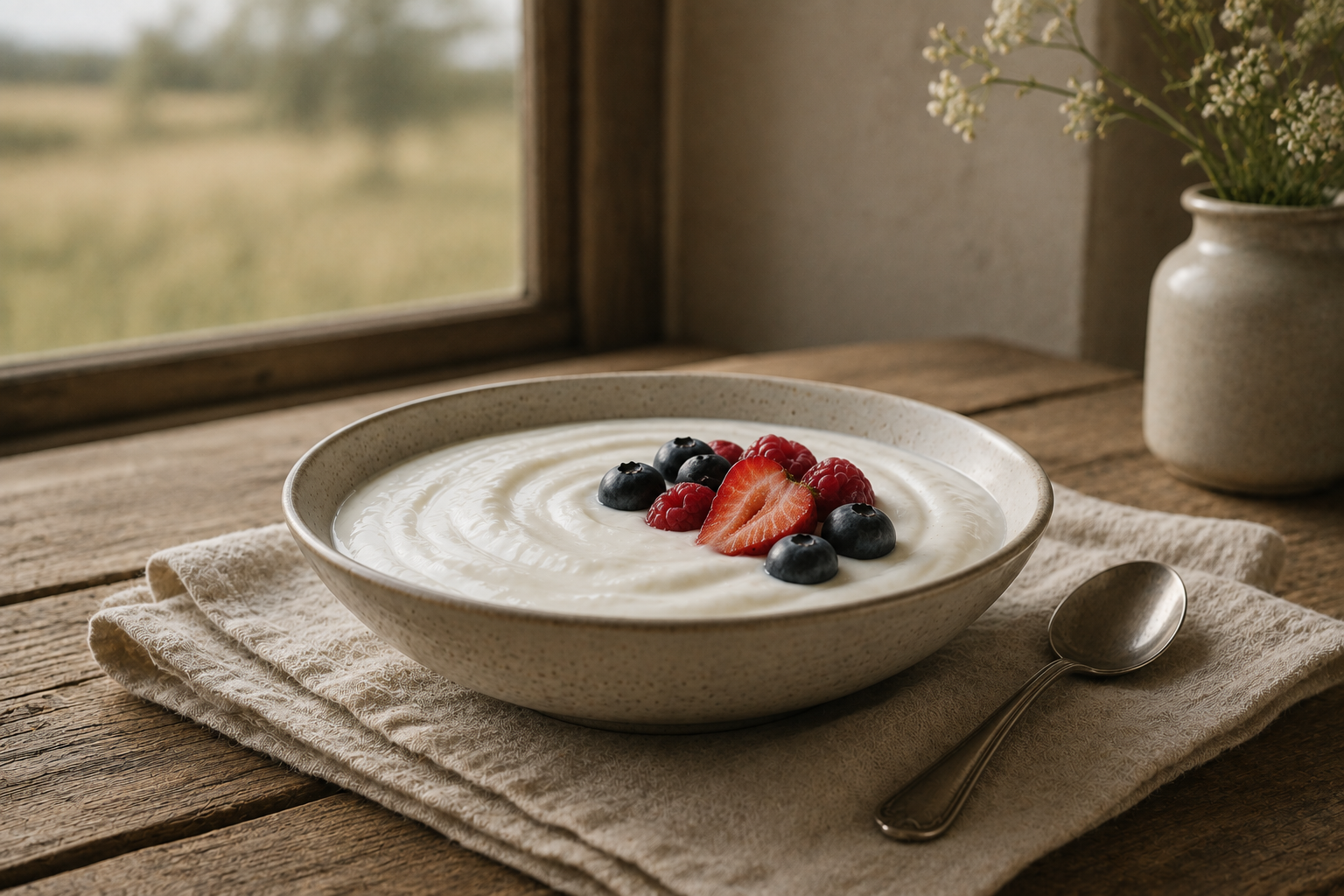 A ceramic bowl filled with yogurt and topped with mixed berries sits on a linen napkin and wood table top.