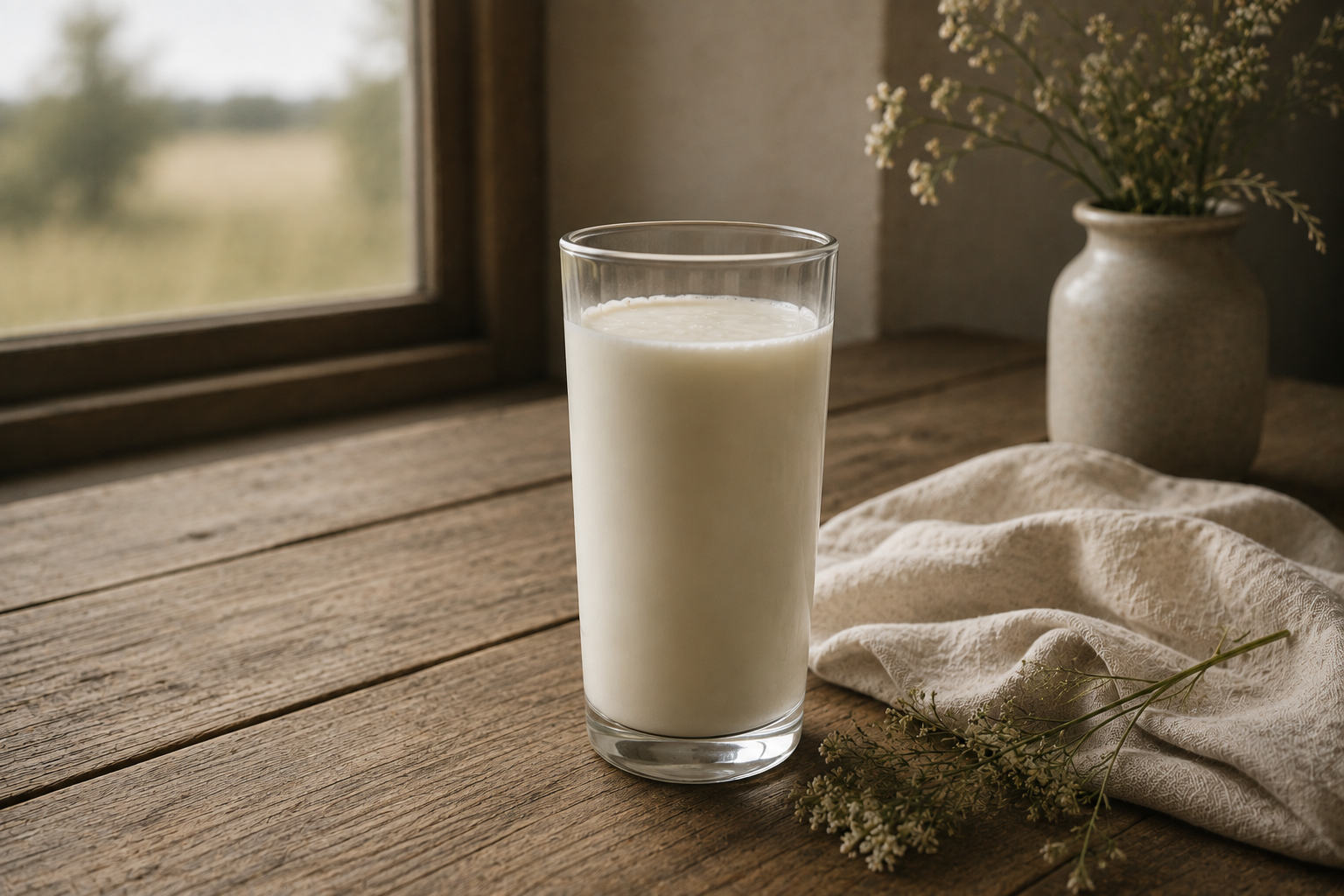 A glass of Kefir sitting on a rustic wood table in front of a window.