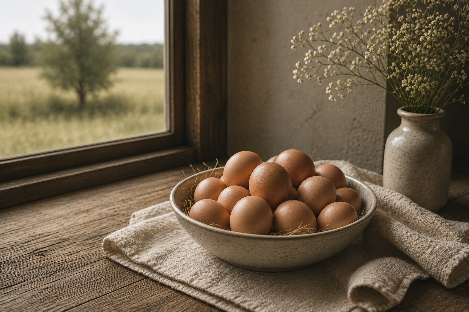 A ceramic bowl of fresh brown eggs sits on a linen napkin in front of a window.
