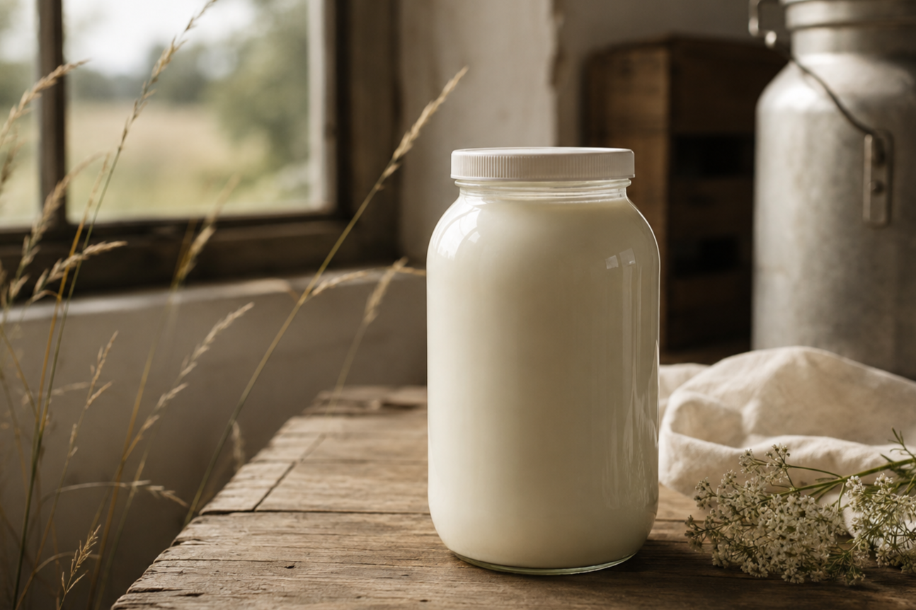 A jar of fresh raw milk on a rustic wood table with baby's breath and a window in the background.