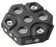 Close-up of a Gowerlabs LUMO modular fNIRS tile featuring dual-wavelength LED light sources and optical detectors for high-density brain imaging.