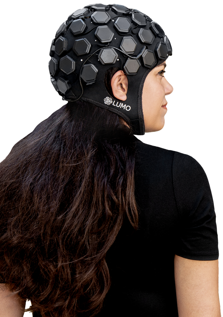 Gowerlabs LUMO wearable fNIRS and HD-DOT brain imaging headset for high-density functional neuroimaging research.