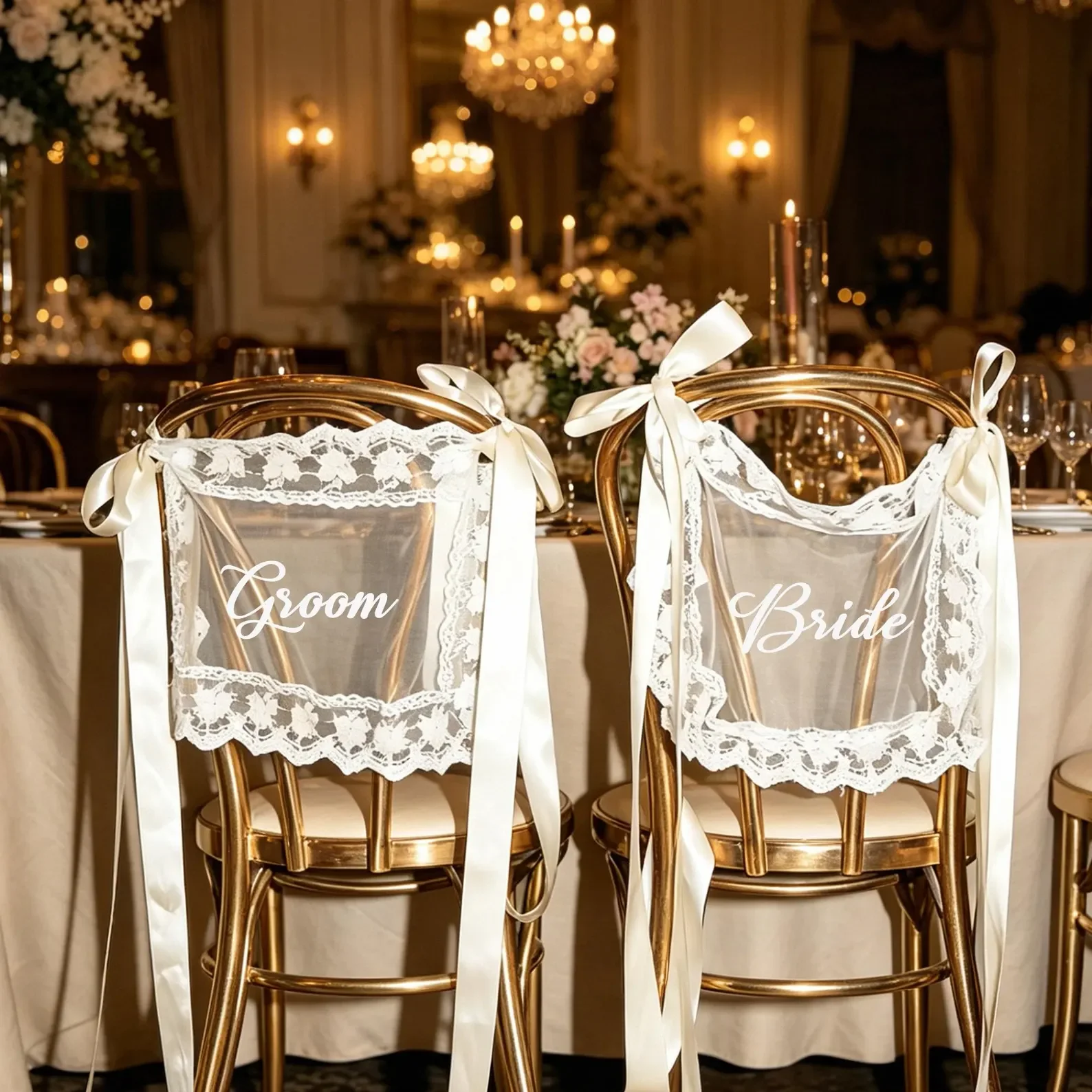Bride & Groom Lace Chair Signs
