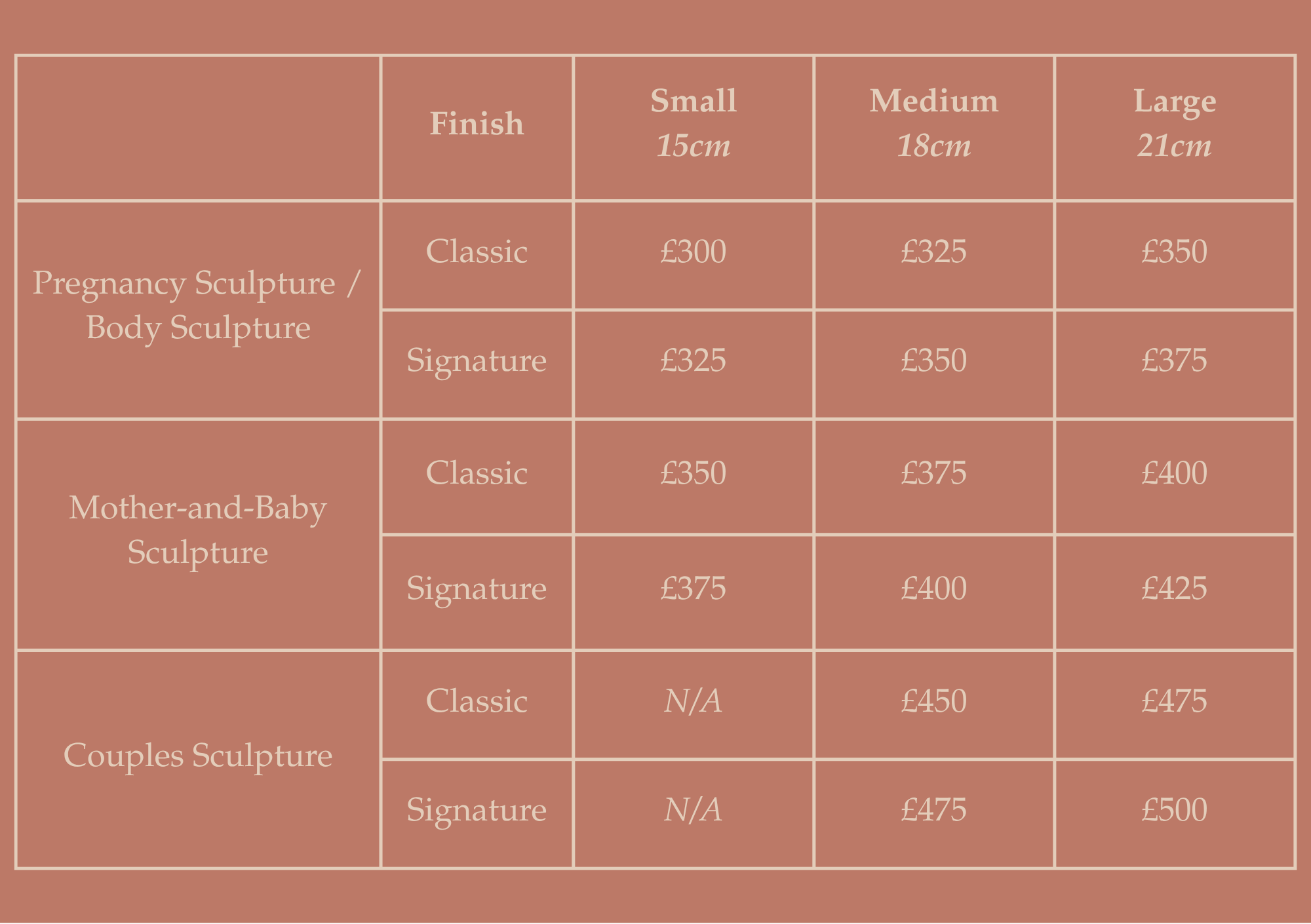 Pricing chart for pregnancy and mother-and-baby sculptures, with sizes small, medium, and large, and prices for classic and signature finishes.