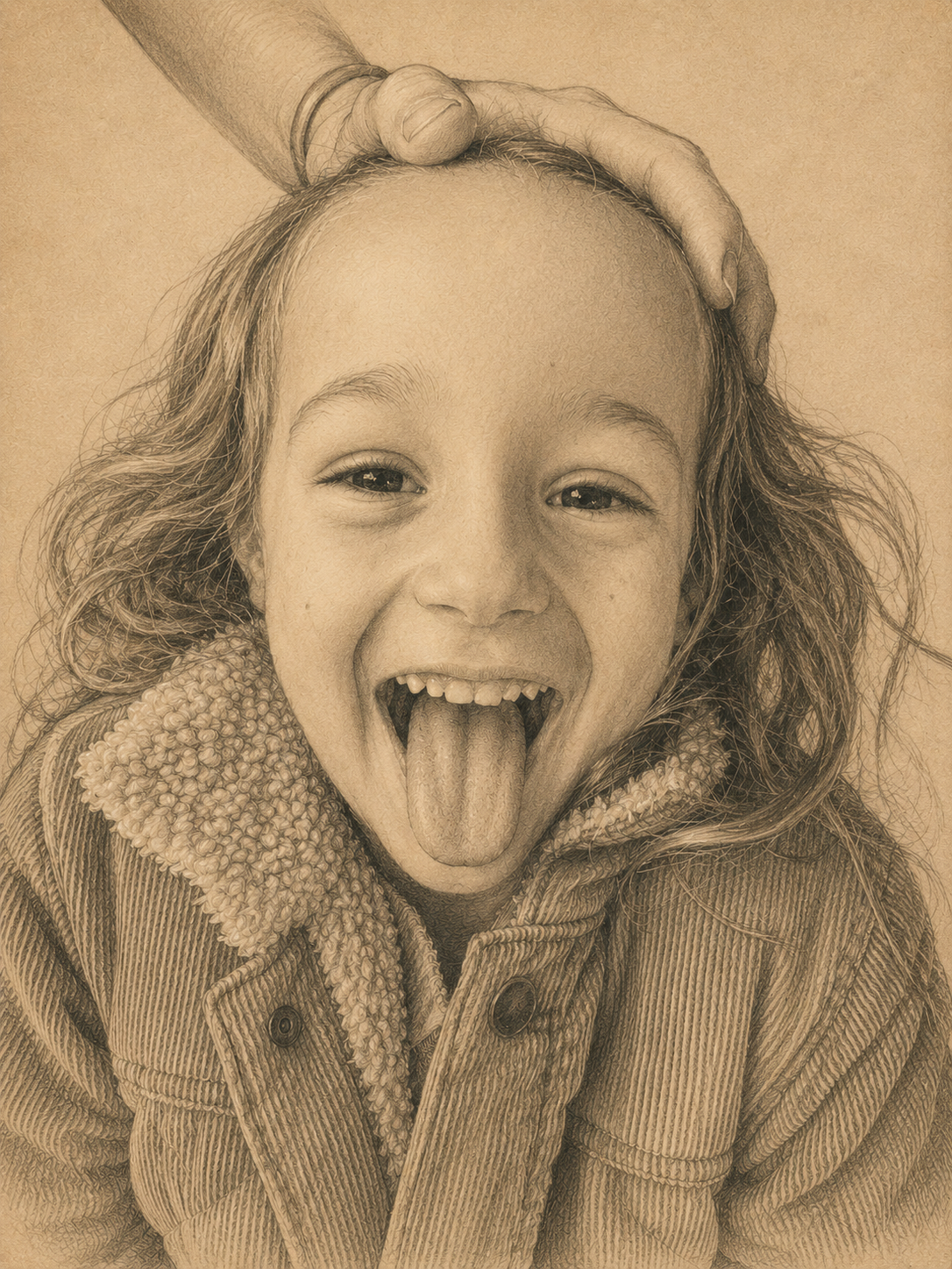 A girl with curly hair and a jacket sticking out her tongue while someone places a hand on her head.