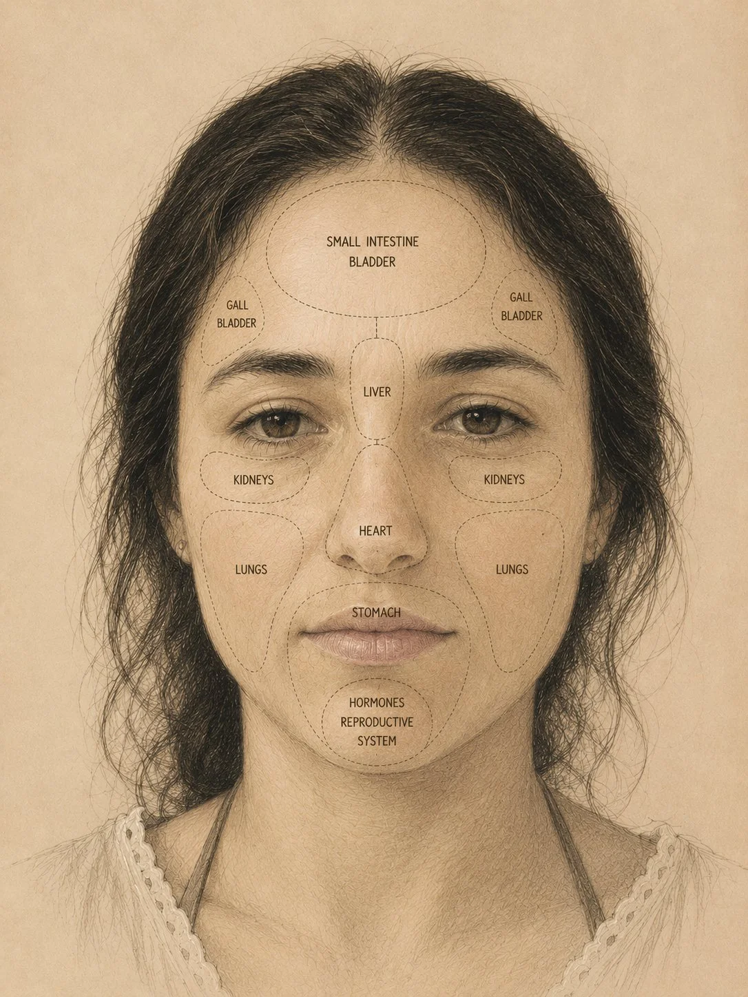 A woman with labels indicating different internal organs and systems, such as small intestine, bladder, gall bladder, liver, kidneys, heart, lungs, stomach, and hormones reproductive system, overlaid on her face.
