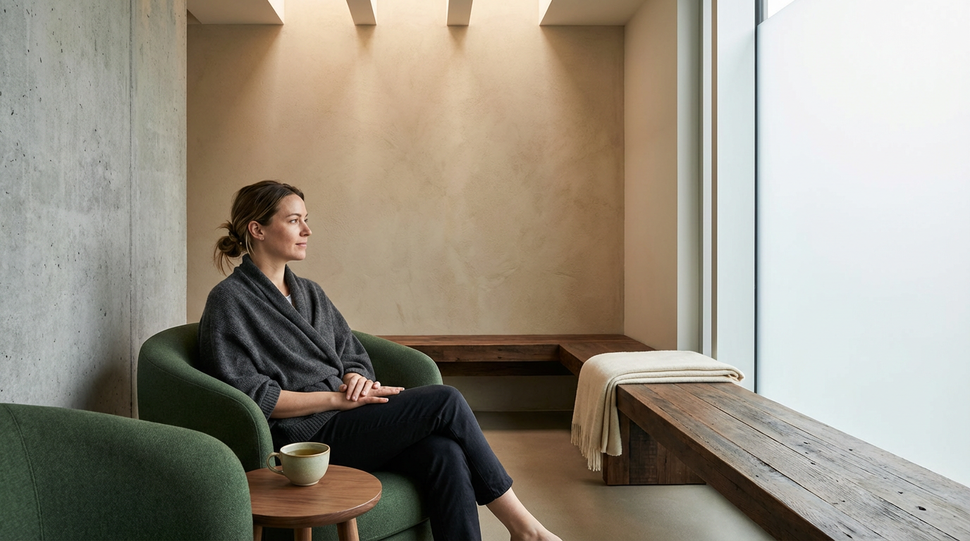 A woman sitting on a green armchair in a minimalist room, looking out the large window, with a cup on a small wooden table beside her and a blanket on a wooden bench by the window.